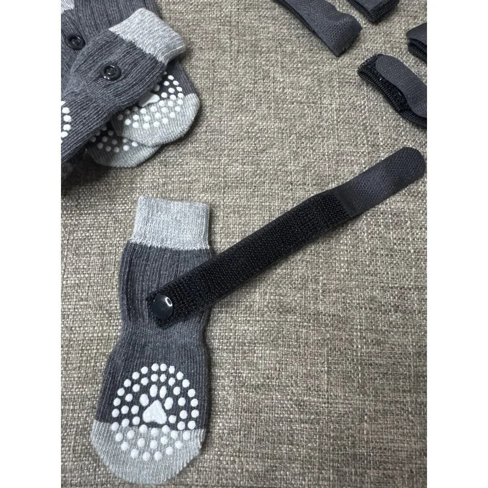 Anti-Slip Dog Socks With Straps Grey & White Paw Print Design Adj Hook & Loop